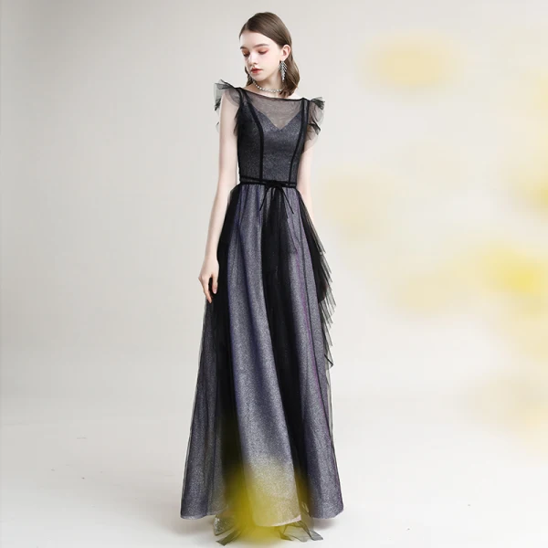 Chic / Beautiful Grey Black Evening Dresses 2020 A-Line / Princess See-through Square Neckline Sleeveless Glitter Polyester Floor-Length / Long Ruffle Formal Dresses