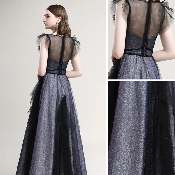 Chic / Beautiful Grey Black Evening Dresses 2020 A-Line / Princess See-through Square Neckline Sleeveless Glitter Polyester Floor-Length / Long Ruffle Formal Dresses