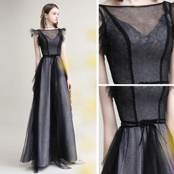Chic / Beautiful Grey Black Evening Dresses 2020 A-Line / Princess See-through Square Neckline Sleeveless Glitter Polyester Floor-Length / Long Ruffle Formal Dresses