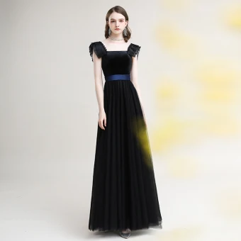 Chic Belle Noire Robe De Soirée 2020 Princesse Encolure Carrée Sans Manches Ceinture Longue Volants Dos Nu Robe De Ceremonie