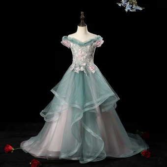 Charming Ink Blue See Through Birthday Flower Girl Dresses 2020 A Line Princess Off The Shoulder Short Sleeve Flower Appliques Lace Beading Pearl Rhinestone Court Train Cascading Ruffles
