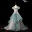 Charming Ink Blue See-through Birthday Flower Girl Dresses 2020 A-Line / Princess Off-The-Shoulder Short Sleeve Flower Appliques Lace Beading Pearl Rhinestone Court Train Cascading Ruffles