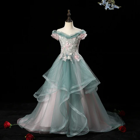 Encantador Azul Tinta Transparentes Cumpleaños Vestidos para niñas 2020 A-Line / Princess Fuera Del Hombro Manga Corta Flor Apliques Con Encaje Rebordear Perla Rhinestone Colas De La Corte Volantes En Cascada