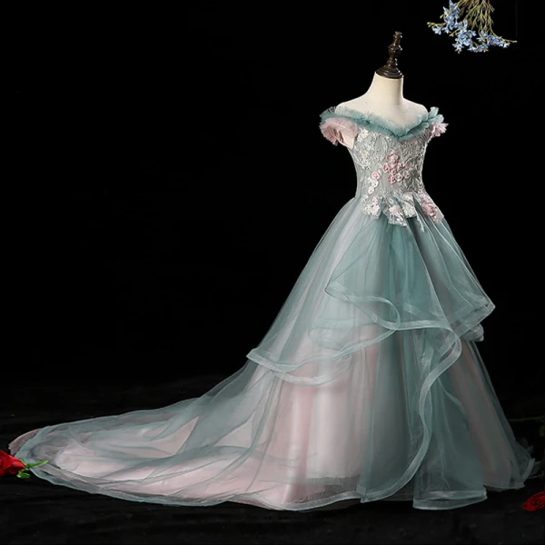Charming Ink Blue See-through Birthday Flower Girl Dresses 2020 A-Line / Princess Off-The-Shoulder Short Sleeve Flower Appliques Lace Beading Pearl Rhinestone Court Train Cascading Ruffles