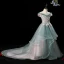 Charming Ink Blue See-through Birthday Flower Girl Dresses 2020 A-Line / Princess Off-The-Shoulder Short Sleeve Flower Appliques Lace Beading Pearl Rhinestone Court Train Cascading Ruffles