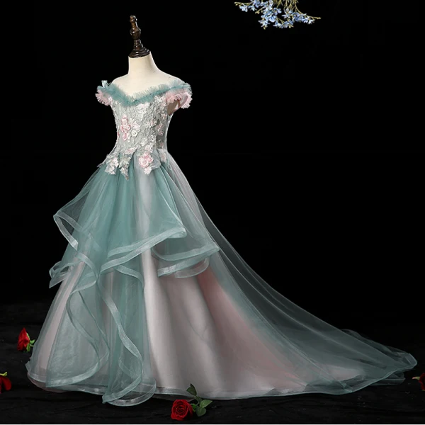 Charming Ink Blue See-through Birthday Flower Girl Dresses 2020 A-Line / Princess Off-The-Shoulder Short Sleeve Flower Appliques Lace Beading Pearl Rhinestone Court Train Cascading Ruffles