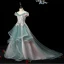 Charming Ink Blue See-through Birthday Flower Girl Dresses 2020 A-Line / Princess Off-The-Shoulder Short Sleeve Flower Appliques Lace Beading Pearl Rhinestone Court Train Cascading Ruffles