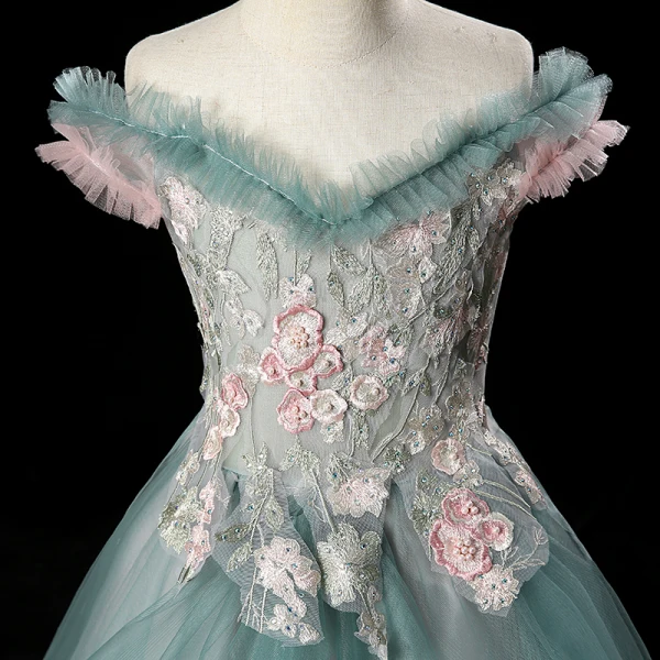 Charming Ink Blue See-through Birthday Flower Girl Dresses 2020 A-Line / Princess Off-The-Shoulder Short Sleeve Flower Appliques Lace Beading Pearl Rhinestone Court Train Cascading Ruffles