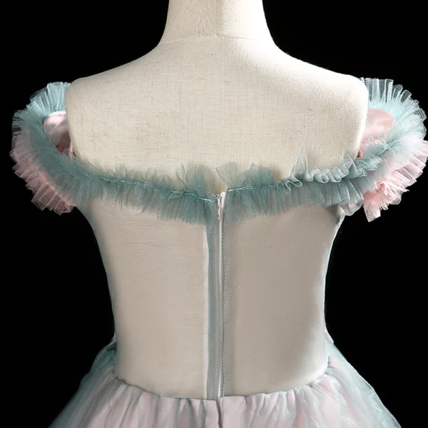 Charming Ink Blue See-through Birthday Flower Girl Dresses 2020 A-Line / Princess Off-The-Shoulder Short Sleeve Flower Appliques Lace Beading Pearl Rhinestone Court Train Cascading Ruffles