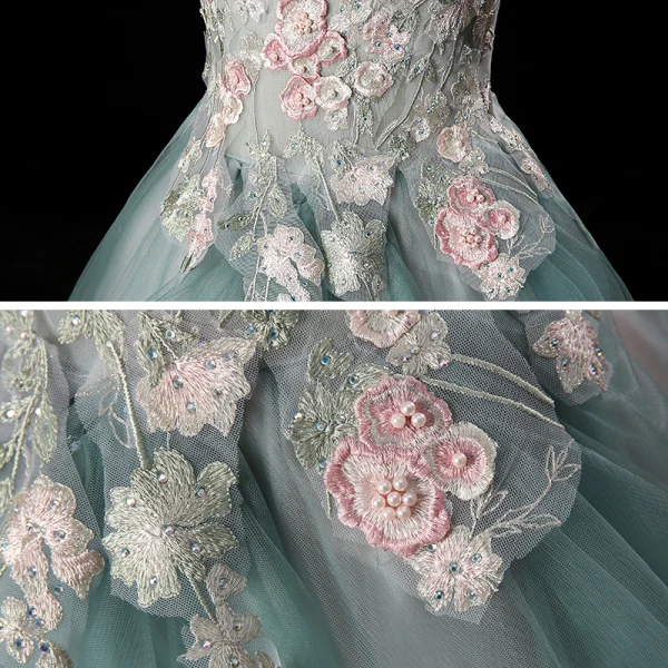 Charming Ink Blue See-through Birthday Flower Girl Dresses 2020 A-Line / Princess Off-The-Shoulder Short Sleeve Flower Appliques Lace Beading Pearl Rhinestone Court Train Cascading Ruffles