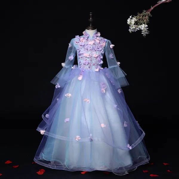 Flower Fairy Lilac Birthday Flower Girl Dresses 2020 Ball Gown High Neck Long Sleeve Appliques Flower Beading Floor-Length / Long Ruffle
