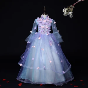 Blomma Fe Lila Födelsedag Brudnäbbsklänning 2020 Balklänning Hög Hals Långärmad Appliqués Blomma Beading Långa Ruffle