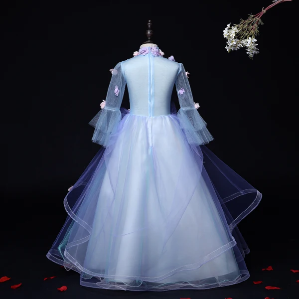 Flower Fairy Lilac Birthday Flower Girl Dresses 2020 Ball Gown High Neck Long Sleeve Appliques Flower Beading Floor-Length / Long Ruffle