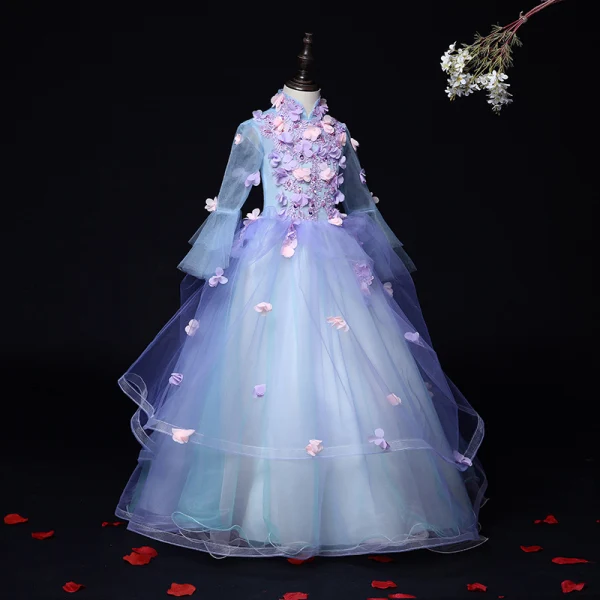 Flower Fairy Lilac Birthday Flower Girl Dresses 2020 Ball Gown High Neck Long Sleeve Appliques Flower Beading Floor-Length / Long Ruffle