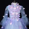 Flower Fairy Lilac Birthday Flower Girl Dresses 2020 Ball Gown High Neck Long Sleeve Appliques Flower Beading Floor-Length / Long Ruffle