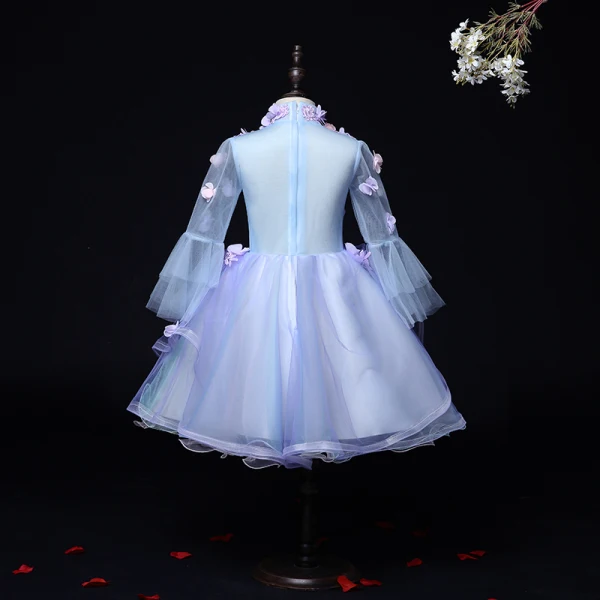 Flower Fairy Lilac See-through Birthday Flower Girl Dresses 2020 Ball Gown High Neck Long Sleeve Flower Appliques Lace Beading Short Ruffle