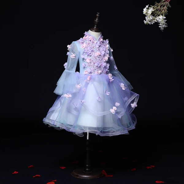 Flower Fairy Lilac See-through Birthday Flower Girl Dresses 2020 Ball Gown High Neck Long Sleeve Flower Appliques Lace Beading Short Ruffle
