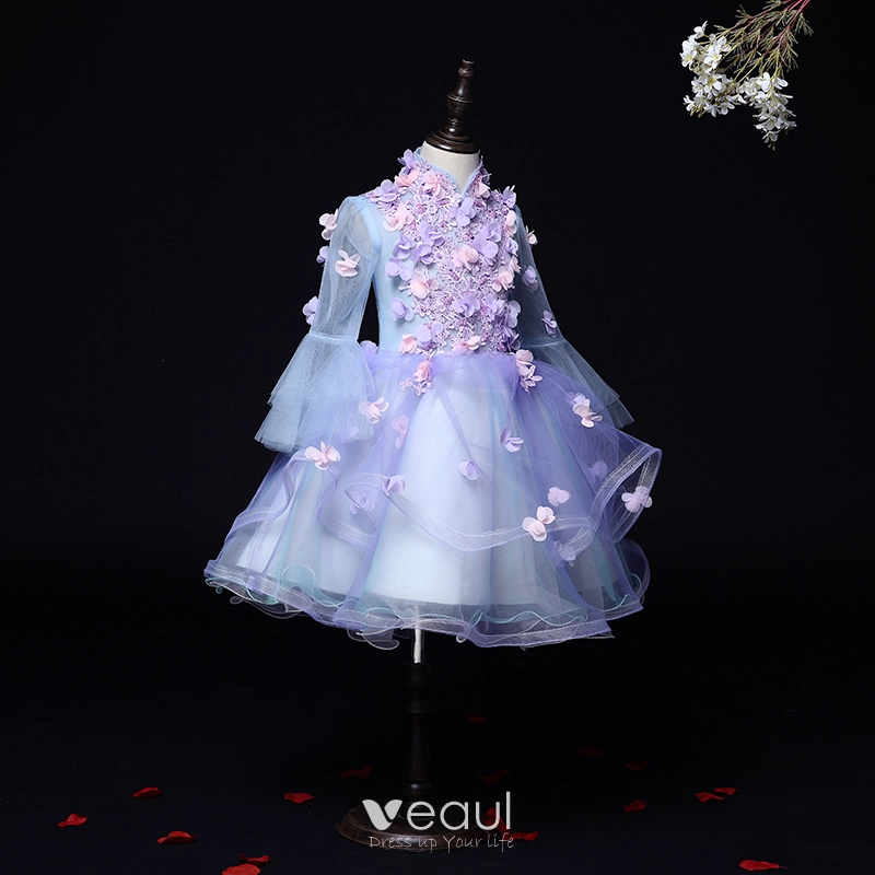 Flower Fairy Lilac See-through Birthday Flower Girl Dresses 2020 Ball Gown High Neck Long Sleeve Flower Appliques Lace Beading Short Ruffle