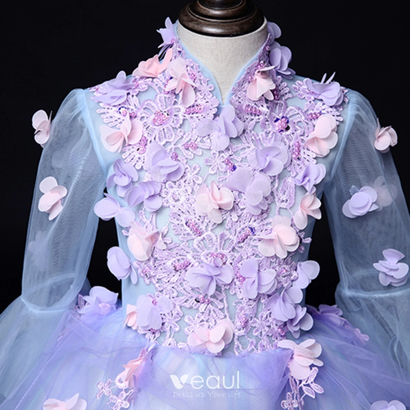 Flower Fairy Lilac See-through Birthday Flower Girl Dresses 2020 Ball Gown High Neck Long Sleeve Flower Appliques Lace Beading Short Ruffle Flower Fairy Lilac See-through Birthday Flower Girl Dresses 2020 Ball Gown High Neck Long Sleeve Flower Appliques Lace Beading Short Ruffle