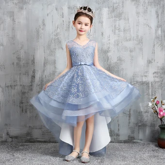 High Low Sky Blue Birthday Flower Girl Dresses 2020 A Line Princess V Neck Sleeveless Appliques Lace Bow Sash Asymmetrical