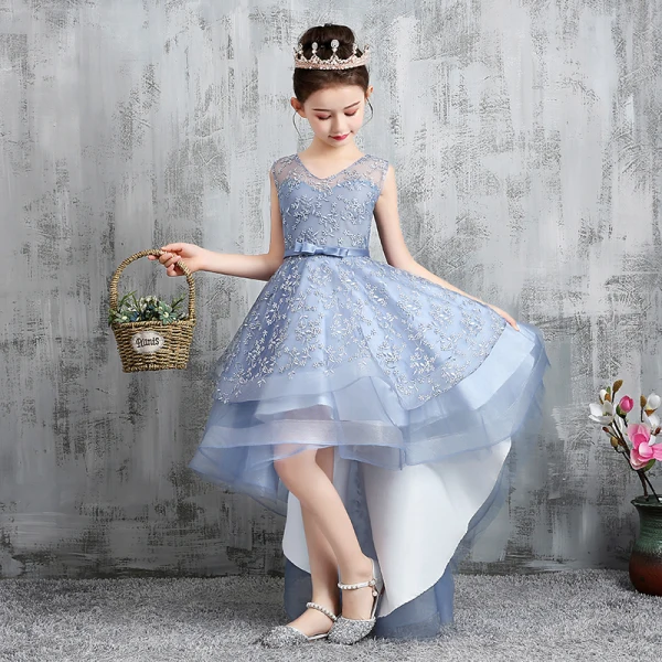 High Low Sky Blue Birthday Flower Girl Dresses 2020 A-Line / Princess V-Neck Sleeveless Appliques Lace Bow Sash Asymmetrical