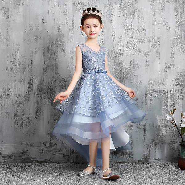 High Low Sky Blue Birthday Flower Girl Dresses 2020 A-Line / Princess V-Neck Sleeveless Appliques Lace Bow Sash Asymmetrical