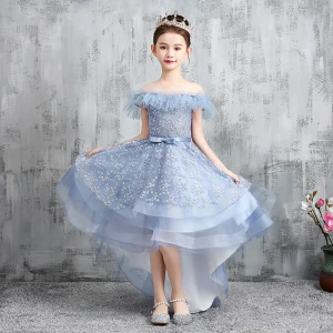 High Low Sky Blue Birthday Flower Girl Dresses 2020 A Line Princess Off The Shoulder Short Sleeve Backless Appliques Lace Bow Sash Asymmetrical Ruffle