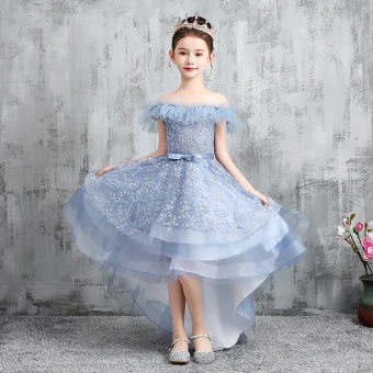 High Low Sky Blue Birthday Flower Girl Dresses 2020 A Line Princess Off The Shoulder Short Sleeve Backless Appliques Lace Bow Sash Asymmetrical Ruffle