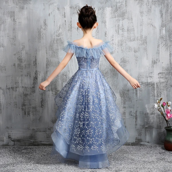 Haute Basse Bleu Ciel Anniversaire Robe Ceremonie Fille 2020 Princesse De l'épaule Manches Courtes Dos Nu Appliques En Dentelle Noeud Ceinture Asymétrique Volants