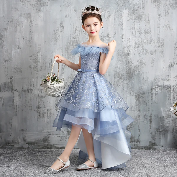 Haute Basse Bleu Ciel Anniversaire Robe Ceremonie Fille 2020 Princesse De l'épaule Manches Courtes Dos Nu Appliques En Dentelle Noeud Ceinture Asymétrique Volants
