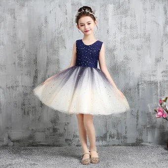 Ciel Étoilé Bleu Marine Dégradé De Couleur Robe Ceremonie Fille 2020 Princesse Encolure Dégagée Sans Manches Étoile Paillettes Courte Volants