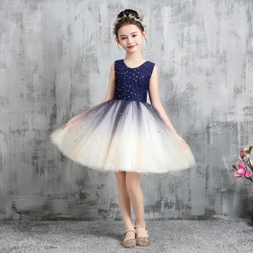 Starry Sky Navy Blue Gradient Color Flower Girl Dresses 2020 A Line Princess Scoop Neck Sleeveless Star Sequins Short Ruffle