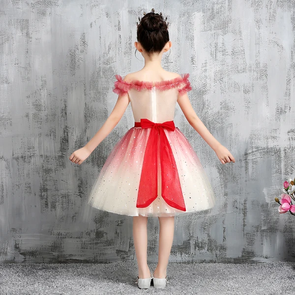 Chic / Beautiful Red Gradient-Color Birthday Flower Girl Dresses 2020 Ball Gown Off-The-Shoulder Short Sleeve Backless Appliques Flower Bow Sequins Tulle Short Ruffle