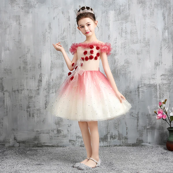 Chic / Beautiful Red Gradient-Color Birthday Flower Girl Dresses 2020 Ball Gown Off-The-Shoulder Short Sleeve Backless Appliques Flower Bow Sequins Tulle Short Ruffle