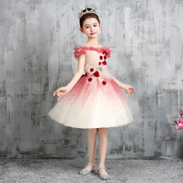 Chic / Beautiful Red Gradient-Color Birthday Flower Girl Dresses 2020 Ball Gown Off-The-Shoulder Short Sleeve Backless Appliques Flower Bow Sequins Tulle Short Ruffle