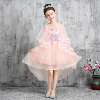 High Low Pearl Pink Flower Girl Dresses 2020 A Line Princess See Through Scoop Neck 1 2 Sleeves Appliques Lace Beading Asymmetrical Ruffle