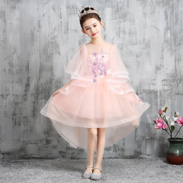 Haute Basse Perle Rose Robe Ceremonie Fille 2020 Princesse Transparentes Encolure Dégagée 1 2 Manches Appliques En Dentelle Perlage Asymétrique Volants