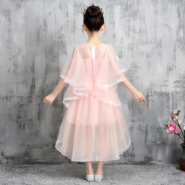 High Low Pearl Pink Flower Girl Dresses 2020 A-Line / Princess See-through Scoop Neck 1/2 Sleeves Appliques Lace Beading Asymmetrical Ruffle