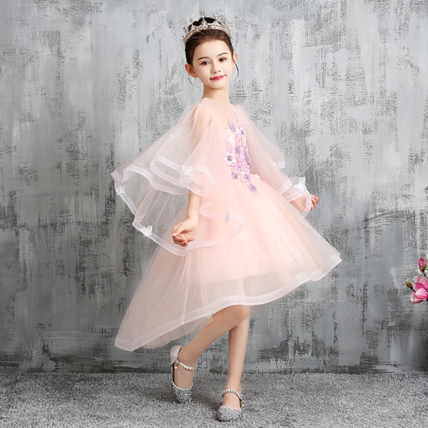 High Low Pearl Pink Flower Girl Dresses 2020 A-Line / Princess See-through Scoop Neck 1/2 Sleeves Appliques Lace Beading Asymmetrical Ruffle