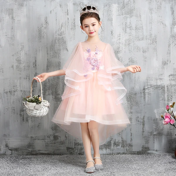 High Low Pearl Pink Flower Girl Dresses 2020 A-Line / Princess See-through Scoop Neck 1/2 Sleeves Appliques Lace Beading Asymmetrical Ruffle