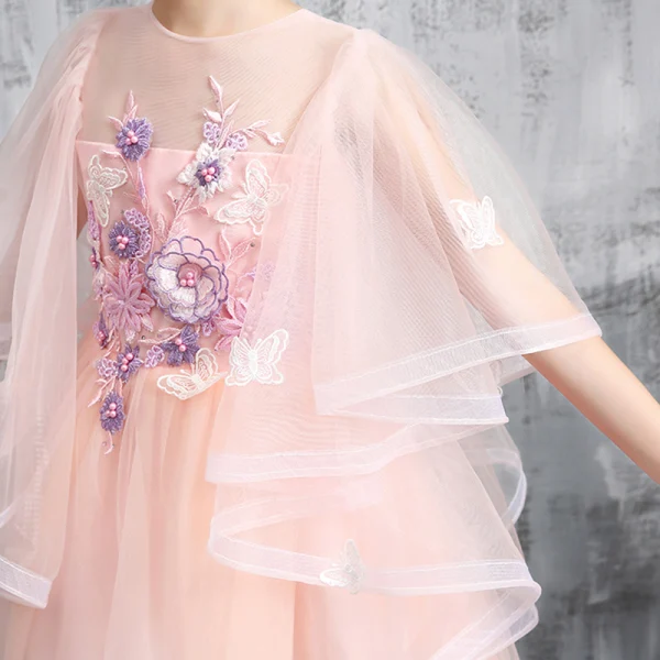 High Low Pearl Pink Flower Girl Dresses 2020 A-Line / Princess See-through Scoop Neck 1/2 Sleeves Appliques Lace Beading Asymmetrical Ruffle