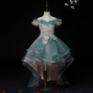 High Low Ink Blue Birthday Flower Girl Dresses 2020 Ball Gown Off The Shoulder Short Sleeve Backless Appliques Lace Beading Pearl Asymmetrical Ruffle