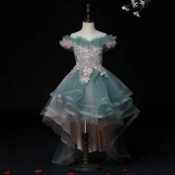 High Low Ink Blue Birthday Flower Girl Dresses 2020 Ball Gown Off The Shoulder Short Sleeve Backless Appliques Lace Beading Pearl Asymmetrical Ruffle