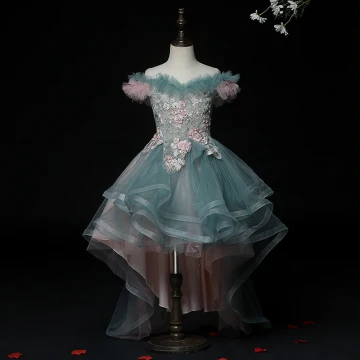 Haute Basse Bleu D Encre Anniversaire Robe Ceremonie Fille 2020 Robe Boule De L 039 Épaule Manches Courtes Dos Nu Appliques En Dentelle Perlage Perle Asymétrique Volants