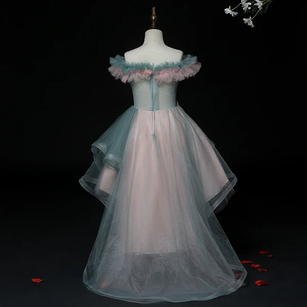 High Low Ink Blue Birthday Flower Girl Dresses 2020 Ball Gown Off-The-Shoulder Short Sleeve Backless Appliques Lace Beading Pearl Asymmetrical Ruffle