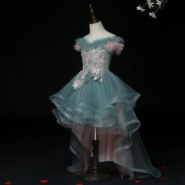 High Low Ink Blue Birthday Flower Girl Dresses 2020 Ball Gown Off-The-Shoulder Short Sleeve Backless Appliques Lace Beading Pearl Asymmetrical Ruffle