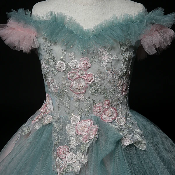 High Low Ink Blue Birthday Flower Girl Dresses 2020 Ball Gown Off-The-Shoulder Short Sleeve Backless Appliques Lace Beading Pearl Asymmetrical Ruffle