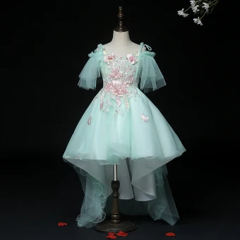 High Low Mint Green Birthday Flower Girl Dresses 2020 Ball Gown Spaghetti Straps Short Sleeve Backless Appliques Lace Pearl Rhinestone Sequins Asymmetrical Ruffle