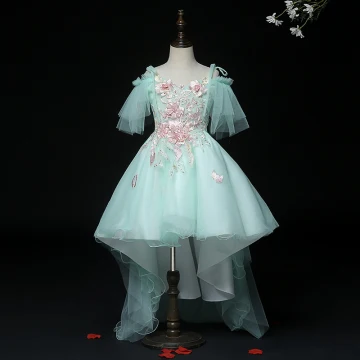 High Low Mint Green Birthday Flower Girl Dresses 2020 Ball Gown Spaghetti Straps Short Sleeve Backless Appliques Lace Pearl Rhinestone Sequins Asymmetrical Ruffle