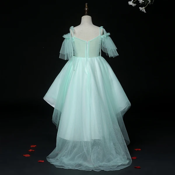 High Low Mint Green Birthday Flower Girl Dresses 2020 Ball Gown Spaghetti Straps Short Sleeve Backless Appliques Lace Pearl Rhinestone Sequins Asymmetrical Ruffle